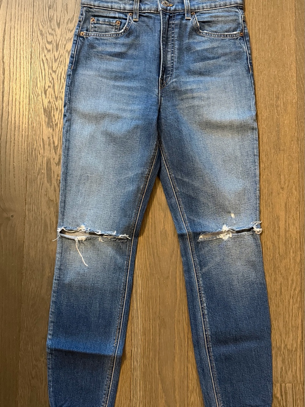 GRLFRND Distressed Blue Knee-Rip High-Rise Jeans